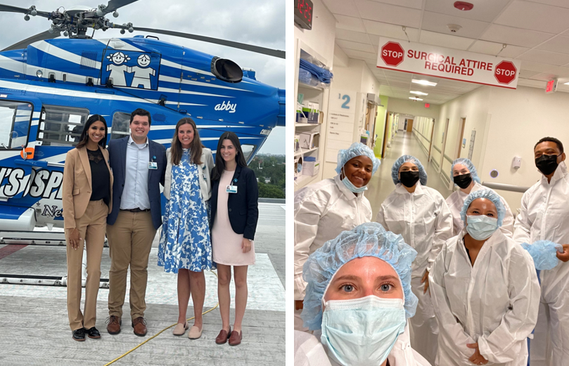 Administrative fellowship members in front of helicopter & in hospital