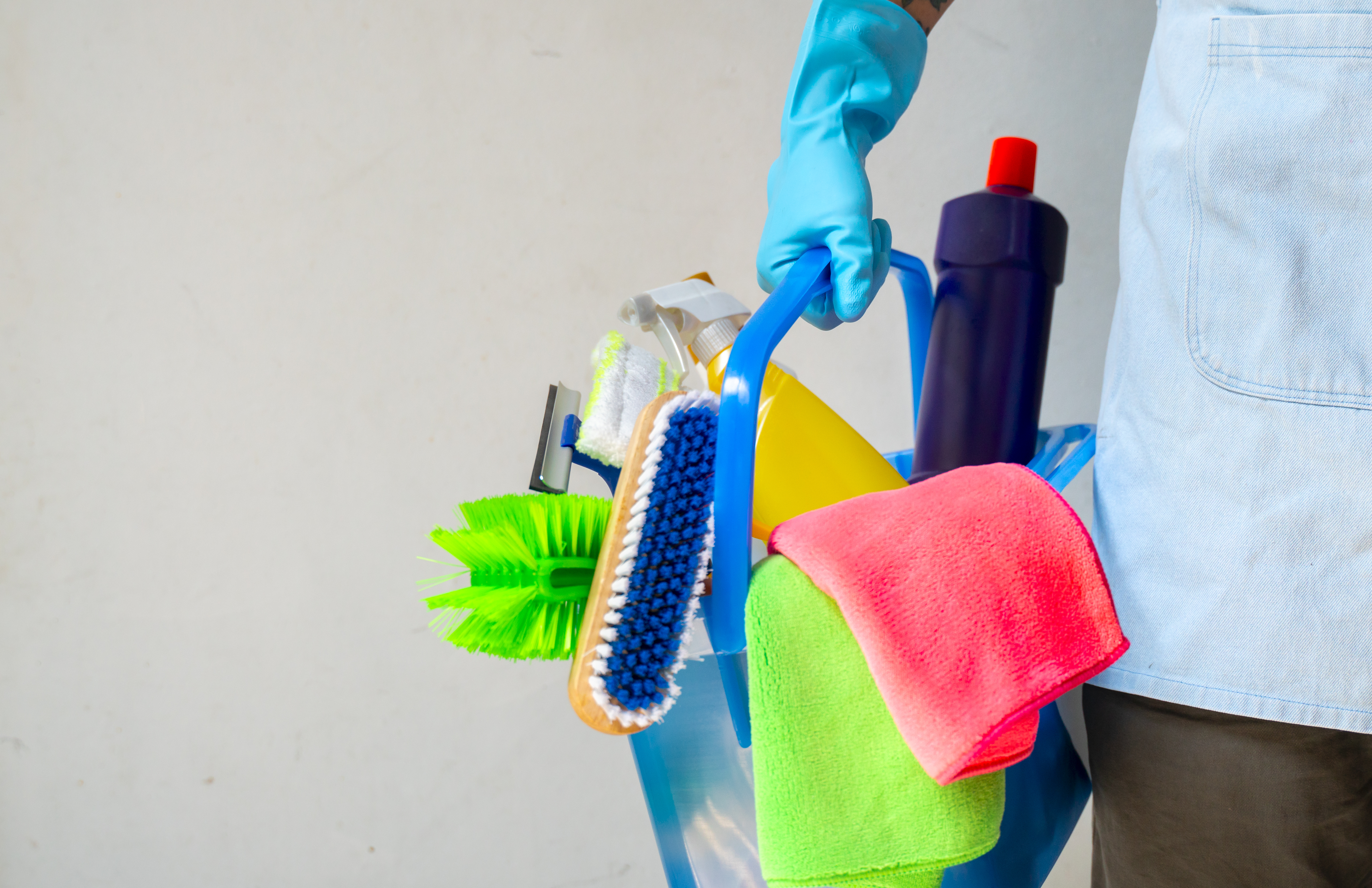 cleaning supplies in a bucket