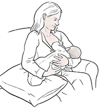 Woman breastfeeding baby in cradle hold.