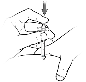 Hand pressing plunger on syringe to give injection while other hand holds skin taut.